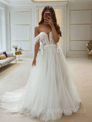 A-Line/Princess Off-the-Shoulder Sweep Train Tulle Corset Wedding Dresses outfit, Wedding Dress With Straps