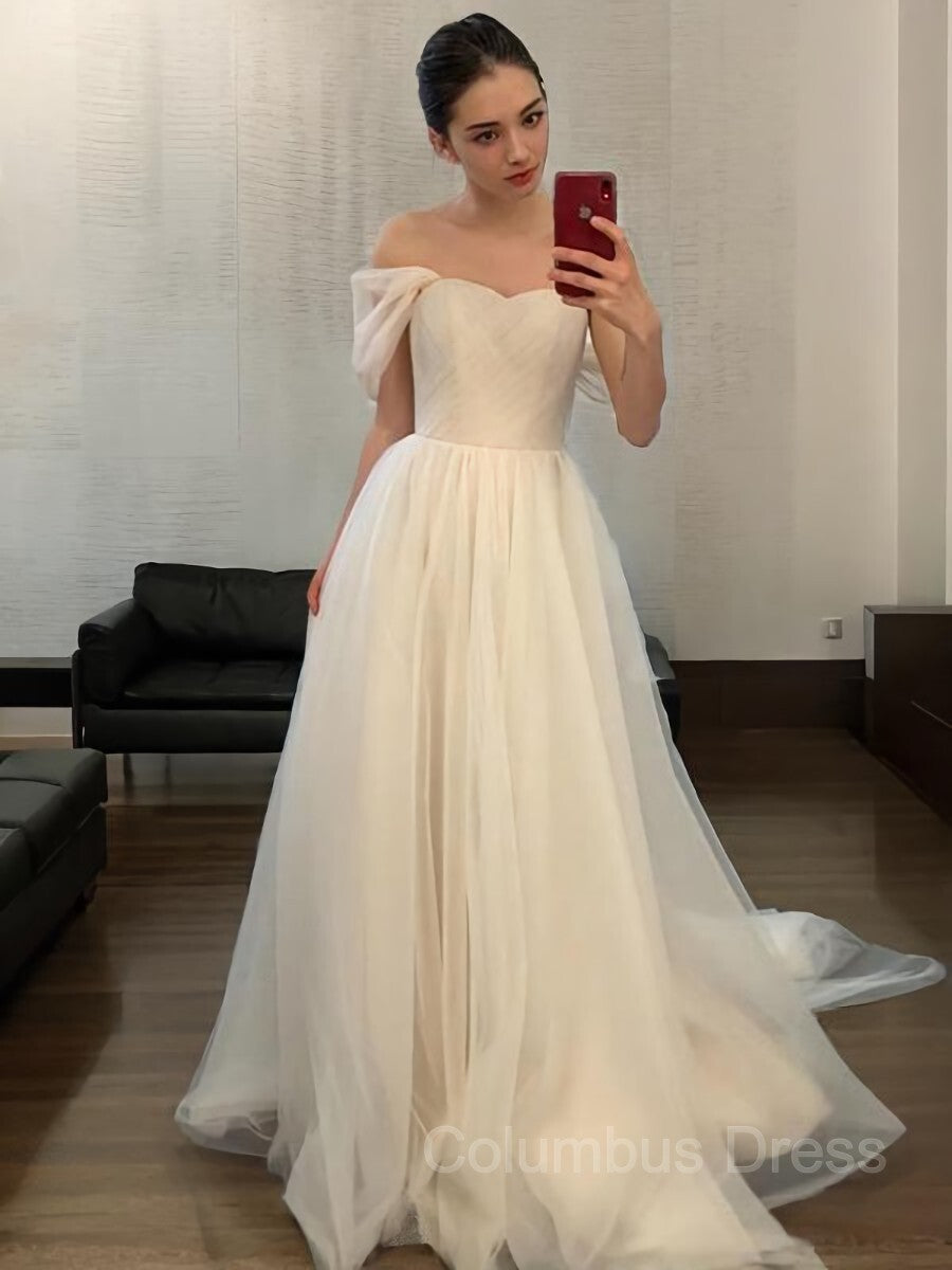 A-Line/Princess Off-the-Shoulder Sweep Train Tulle Corset Wedding Dresses outfit, Wedding Dress Shape