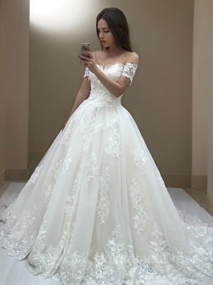 A-Line/Princess Off-the-Shoulder Sweep Train Tulle Corset Wedding Dresses With Appliques Lace outfit, Wedding Dress A Line Lace