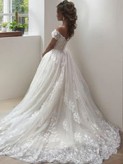 A-Line/Princess Off-the-Shoulder Sweep Train Tulle Corset Wedding Dresses With Appliques Lace outfit, Wedding Dresses And Veils