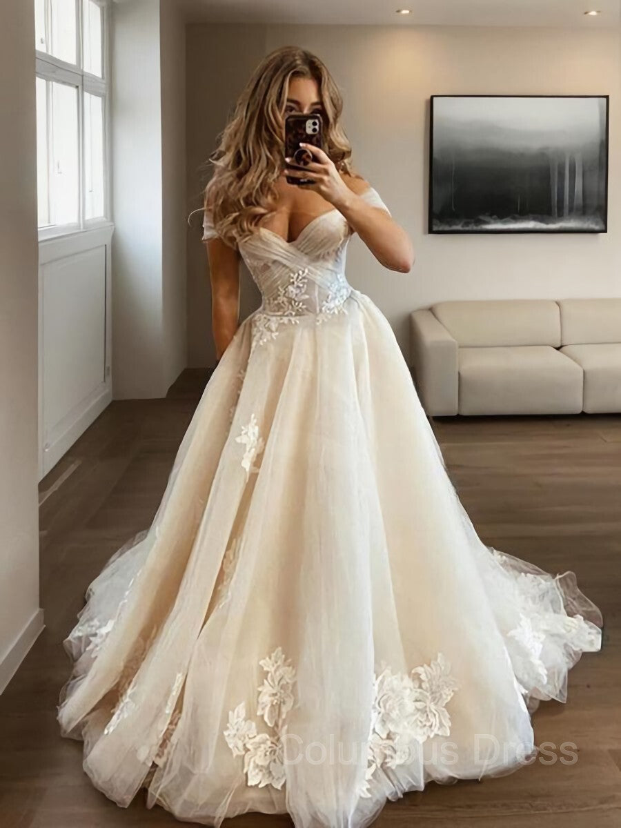A-Line/Princess Off-the-Shoulder Sweep Train Tulle Corset Wedding Dresses With Appliques Lace outfit, Wedding Dresses With Straps