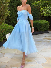 A-Line/Princess Off-the-Shoulder Tea-Length Chiffon Corset Homecoming Dresses With Ruffles Gowns, Prom Dresses Long Formal Evening Gown