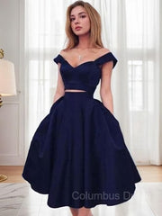 A-Line/Princess Off-the-Shoulder Tea-Length Satin Corset Homecoming Dresses outfit, Prom Dress Black