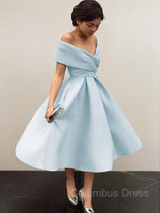 A-Line/Princess Off-the-Shoulder Tea-Length Satin Corset Homecoming Dresses With Ruffles Gowns, Prom Dresses Long Sleeve