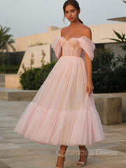 A-Line/Princess Off-the-Shoulder Tea-Length Tulle Corset Homecoming Dresses With Ruffles Gowns, Bridesmaid Dress Colours