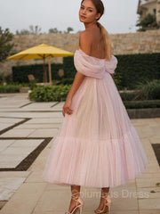 A-Line/Princess Off-the-Shoulder Tea-Length Tulle Corset Homecoming Dresses With Ruffles Gowns, Bridesmaids Dresses Fall