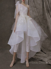 A-Line/Princess One-Shoulder Asymmetrical Tulle Corset Wedding Dresses With Appliques Lace outfit, Wedding Dresses Simple Lace