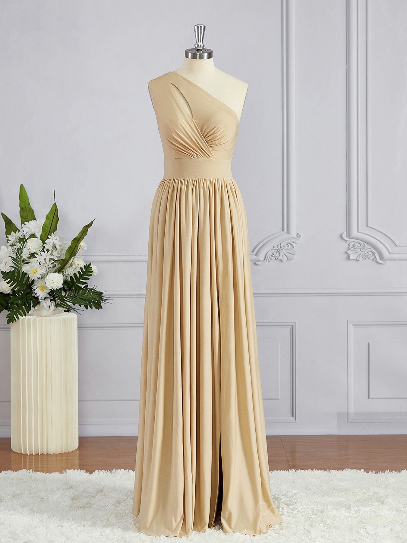 A-Line/Princess One-Shoulder Floor-Length Jersey Corset Bridesmaid Dresses with Leg Slit outfit, Prom Dresses Colors