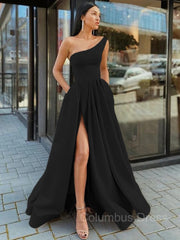 A-Line/Princess One-Shoulder Floor-Length Satin Corset Prom Dresses With Leg Slit outfit, Evening Dress Open Back