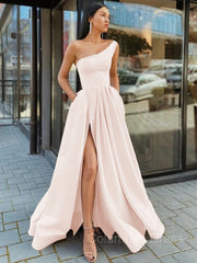 A-Line/Princess One-Shoulder Floor-Length Satin Corset Prom Dresses With Leg Slit outfit, Evening Dress Green