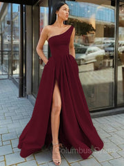 A-Line/Princess One-Shoulder Floor-Length Satin Corset Prom Dresses With Leg Slit outfit, Evening Dress With Sleeve