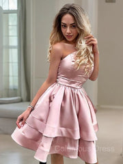 A-Line/Princess One-Shoulder Short/Mini Charmeuse Corset Homecoming Dresses With Ruffles Gowns, Bridesmaid Dress Fall