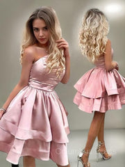 A-Line/Princess One-Shoulder Short/Mini Charmeuse Corset Homecoming Dresses With Ruffles Gowns, Bridesmaids Dress Fall