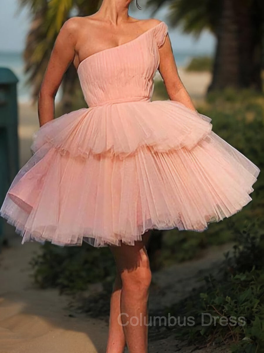 A-Line/Princess One-Shoulder Short/Mini Tulle Corset Homecoming Dresses With Cascading Ruffles Gowns, Bridesmaid Dresses 2047