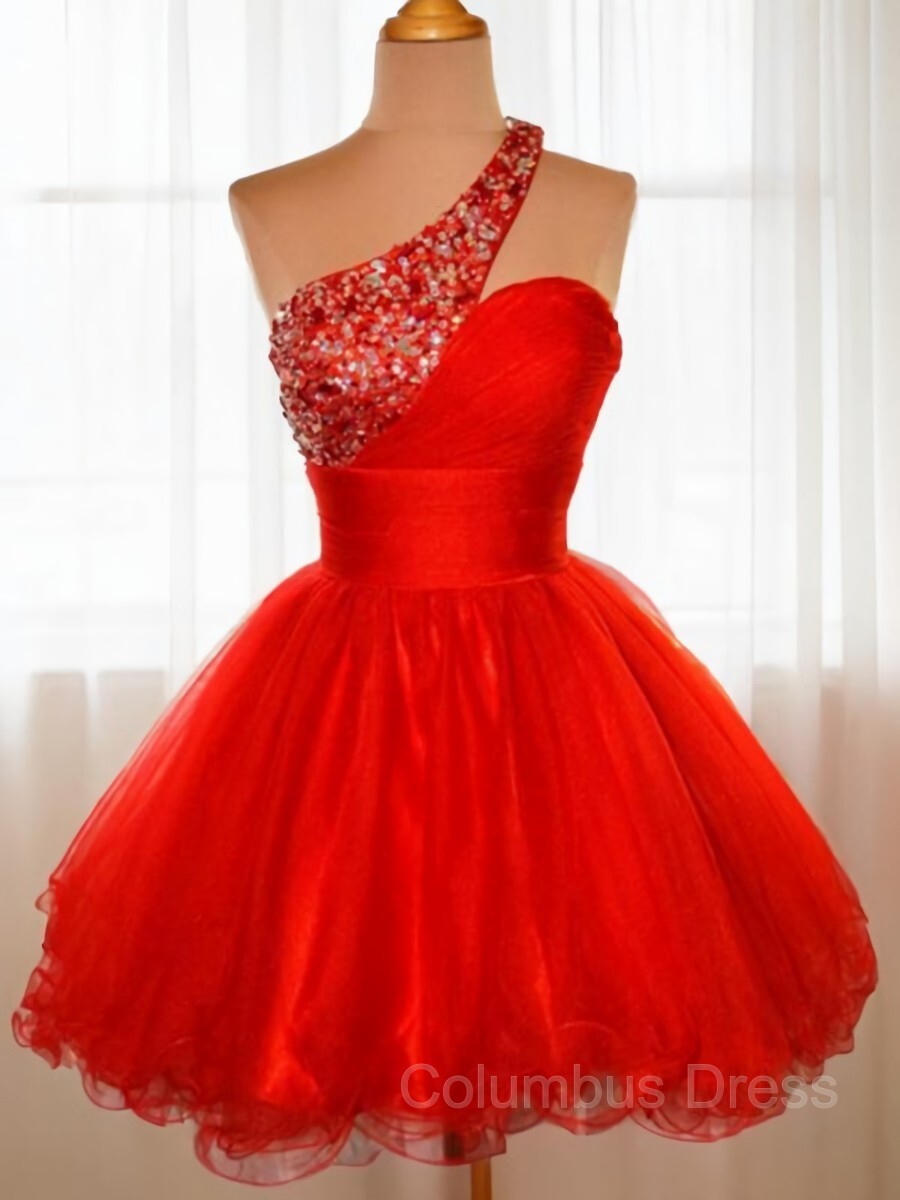 A-Line/Princess One-Shoulder Short/Mini Tulle Corset Homecoming Dresses With Sequin Gowns, Bridesmaids Dresses Long
