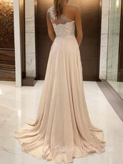 A-Line/Princess One-Shoulder Sweep Train Chiffon Corset Prom Dresses With Leg Slit outfit, Bridesmaid Dress Blushing Pink