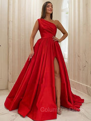 A-Line/Princess One-Shoulder Sweep Train Satin Corset Prom Dresses With Leg Slit outfit, Homecomeing Dresses Red