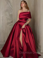 A-Line/Princess One-Shoulder Sweep Train Satin Corset Prom Dresses With Leg Slit outfit, Formal Dressing For Ladies
