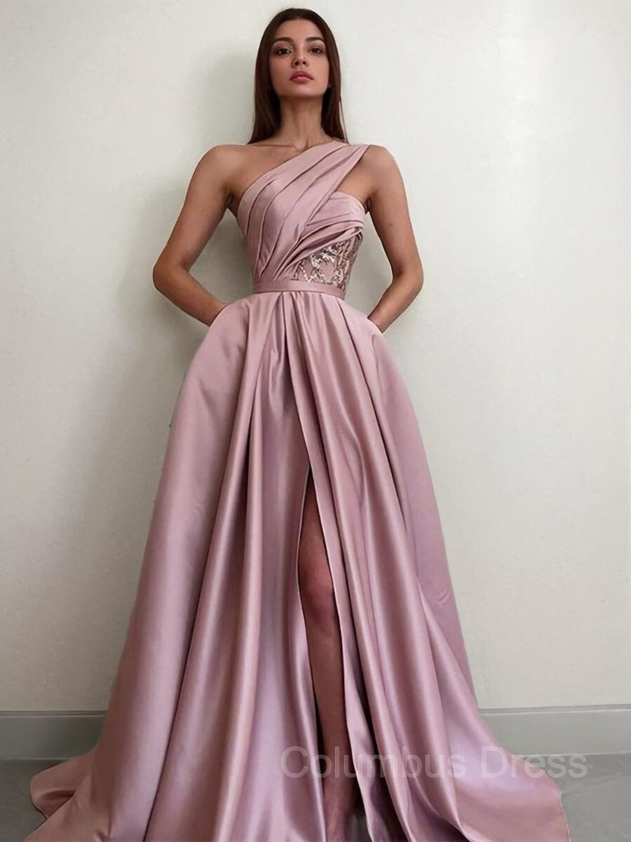 A-Line/Princess One-Shoulder Sweep Train Satin Corset Prom Dresses With Pockets Gowns, Party Dress For Teen