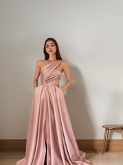 A-Line/Princess One-Shoulder Sweep Train Satin Corset Prom Dresses With Pockets Gowns, Party Dress For Teens