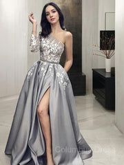 A-Line/Princess One-Shoulder Sweep Train Satin Corset Prom Dresses With Pockets Gowns, Prom Dress Guide