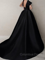 A-Line/Princess One-Shoulder Sweep Train Satin Corset Prom Dresses With Ruffles Gowns, Party Dress Design