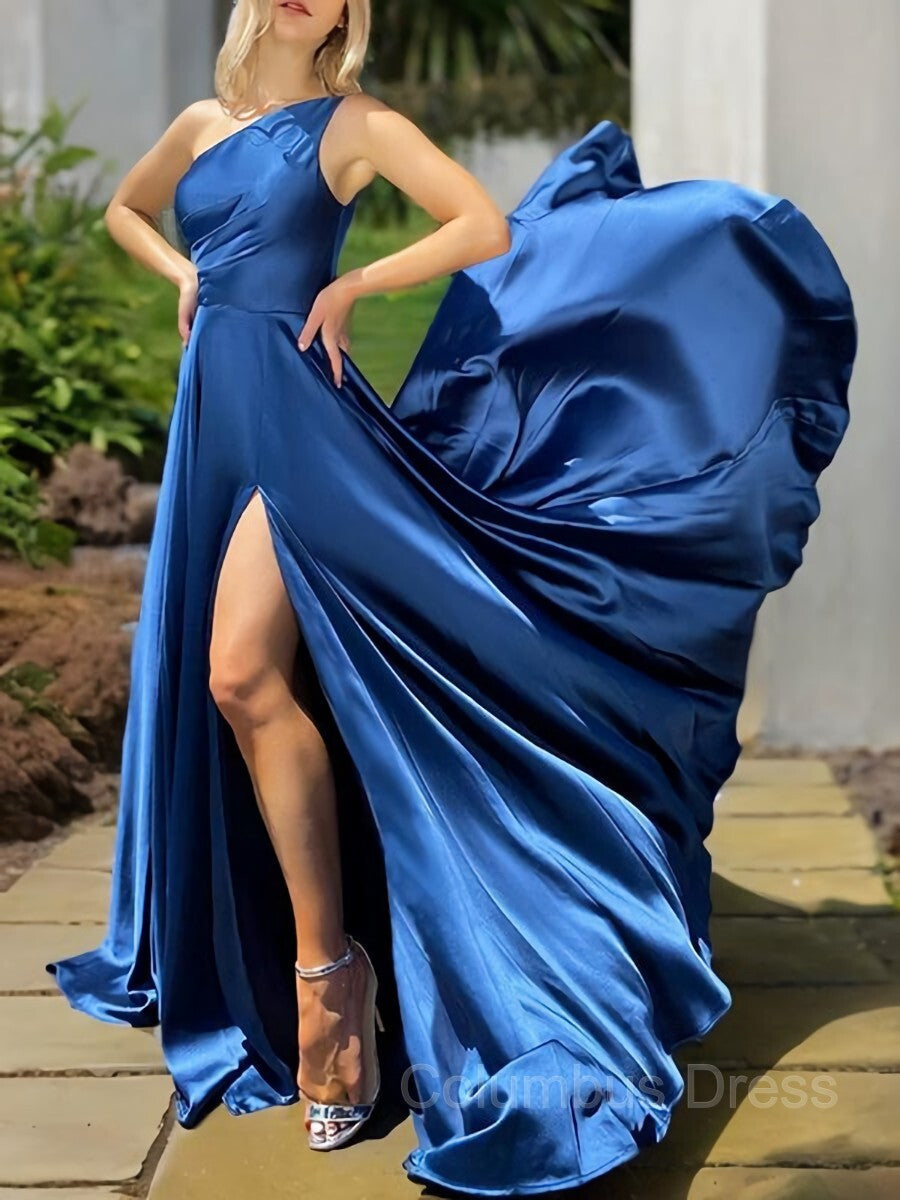 A-Line/Princess One-Shoulder Sweep Train Silk like Satin Corset Prom Dresses With Leg Slit outfit, Evening Dress Suit