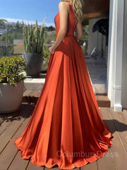 A-Line/Princess One-Shoulder Sweep Train Silk like Satin Corset Prom Dresses With Leg Slit outfit, Evening Dress Gold