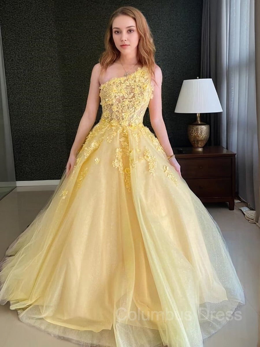 A-Line/Princess One-Shoulder Sweep Train Tulle Corset Prom Dresses With Appliques Lace outfit, Midi Dress