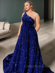 A-Line/Princess One-Shoulder Sweep Train Velvet Sequins Corset Prom Dresses With Pockets Gowns, Country Wedding