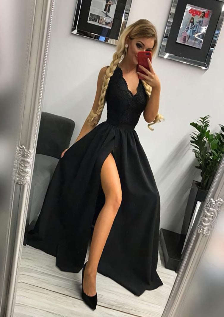 A-line/Princess Scalloped Neck Sleeveless Long/Floor-Length Elastic Satin Corset Prom Dress With Lace Split outfit, Party Dress Night Out