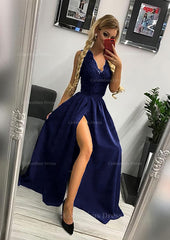 A-line/Princess Scalloped Neck Sleeveless Long/Floor-Length Elastic Satin Corset Prom Dress With Lace Split outfit, Party Dresses Night Out