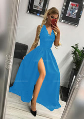 A-line/Princess Scalloped Neck Sleeveless Long/Floor-Length Elastic Satin Corset Prom Dress With Lace Split outfit, Party Dress Ideas For Winter