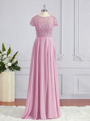 A-Line/Princess Scoop Floor-Length Chiffon Corset Bridesmaid Dresses with Appliques Lace outfit, Prom Dresses Affordable