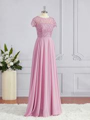 A-Line/Princess Scoop Floor-Length Chiffon Corset Bridesmaid Dresses with Appliques Lace outfit, Prom Dress Vintage