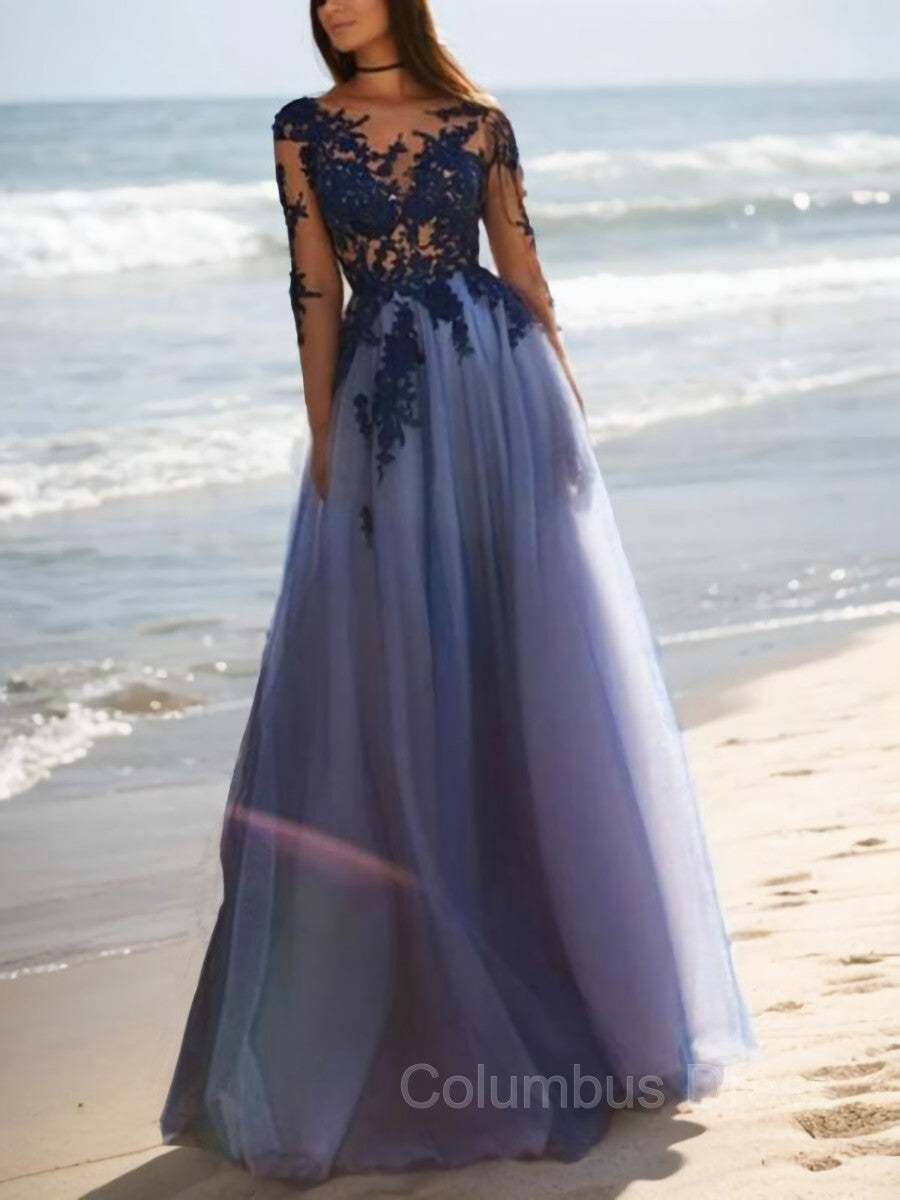 A-Line/Princess Scoop Floor-Length Tulle Evening Dresses With Appliques Lace outfit, Bridesmaid Dress Winter