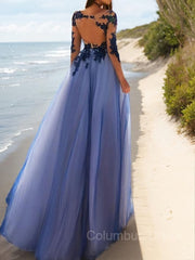 A-Line/Princess Scoop Floor-Length Tulle Evening Dresses With Appliques Lace outfit, Bridesmaids Dresses Winter