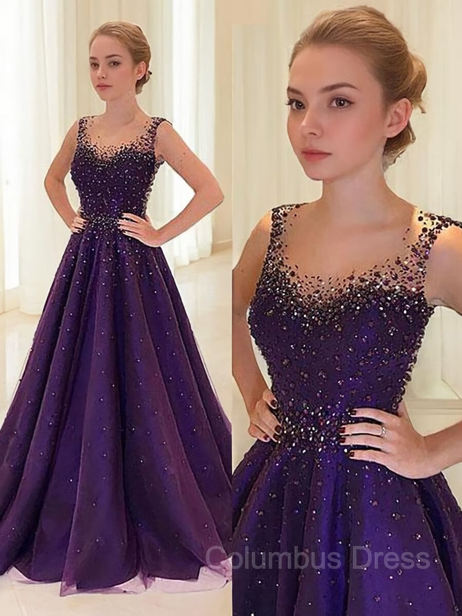 A-Line/Princess Scoop Floor-Length Tulle Corset Prom Dresses With Beading outfit, Prom Dress With Sleeves