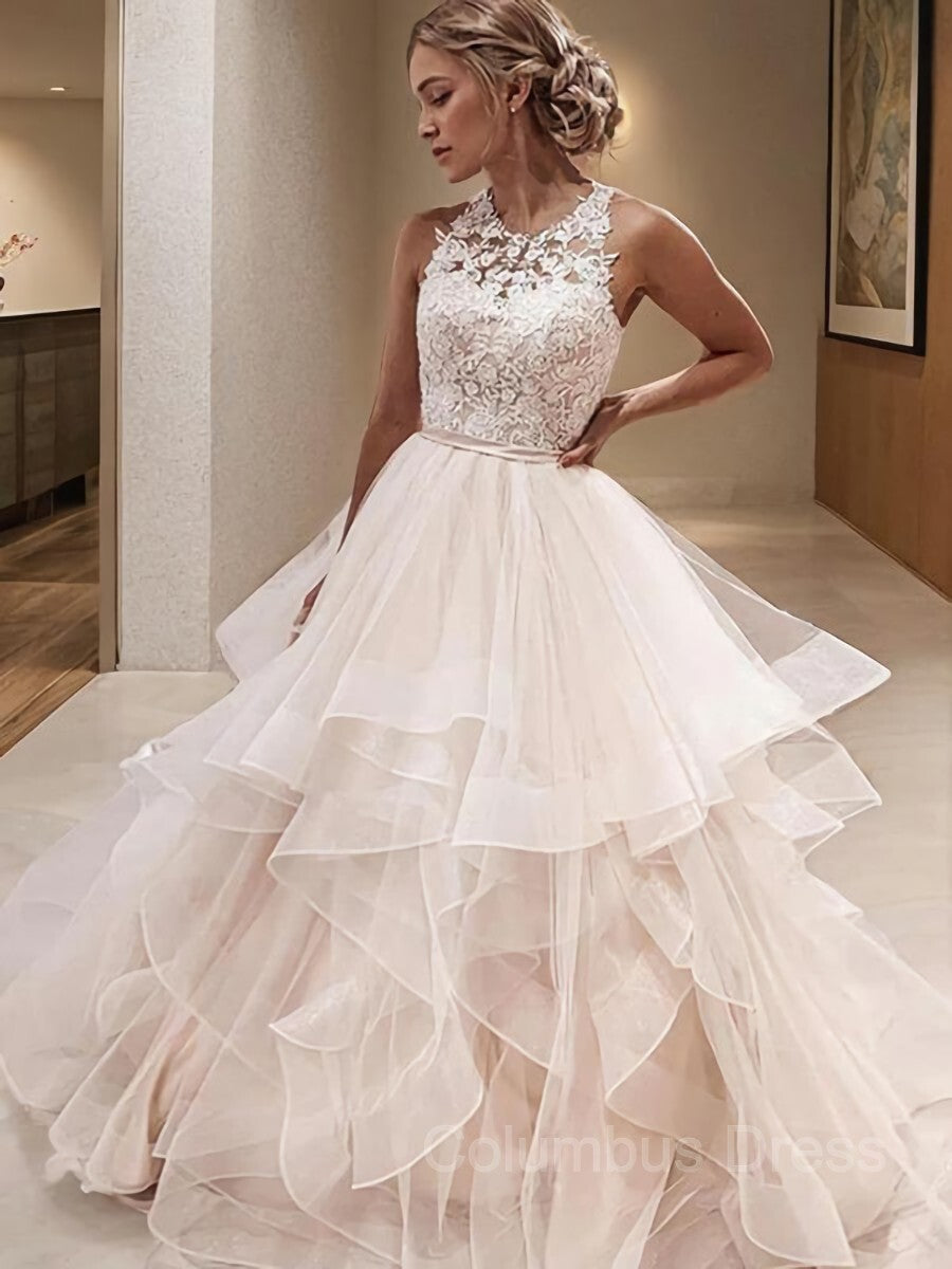 A-Line/Princess Scoop Floor-Length Tulle Corset Wedding Dresses outfit, Wedding Dress Tops