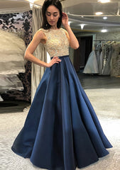 A-line/Princess Scoop Neck Sleeveless Long/Floor-Length Satin Corset Prom Dress With Beading outfit, Wedding Guest