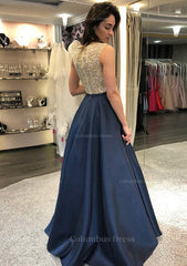 A-line/Princess Scoop Neck Sleeveless Long/Floor-Length Satin Corset Prom Dress With Beading outfit, Sequin Dress