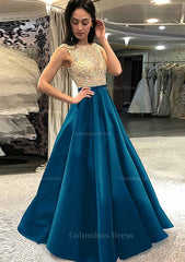 A-line/Princess Scoop Neck Sleeveless Long/Floor-Length Satin Corset Prom Dress With Beading outfit, Wedding Pictures