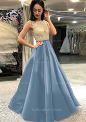 A-line/Princess Scoop Neck Sleeveless Long/Floor-Length Satin Corset Prom Dress With Beading outfit, Country Wedding Dress