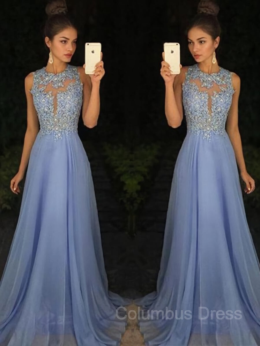 A-Line/Princess Scoop Sweep Train Chiffon Corset Prom Dresses With Appliques Lace outfit, Prom Dresses Shops