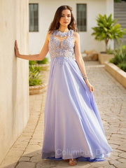 A-Line/Princess Scoop Sweep Train Chiffon Corset Prom Dresses With Appliques Lace outfit, Prom Dresses Inspired
