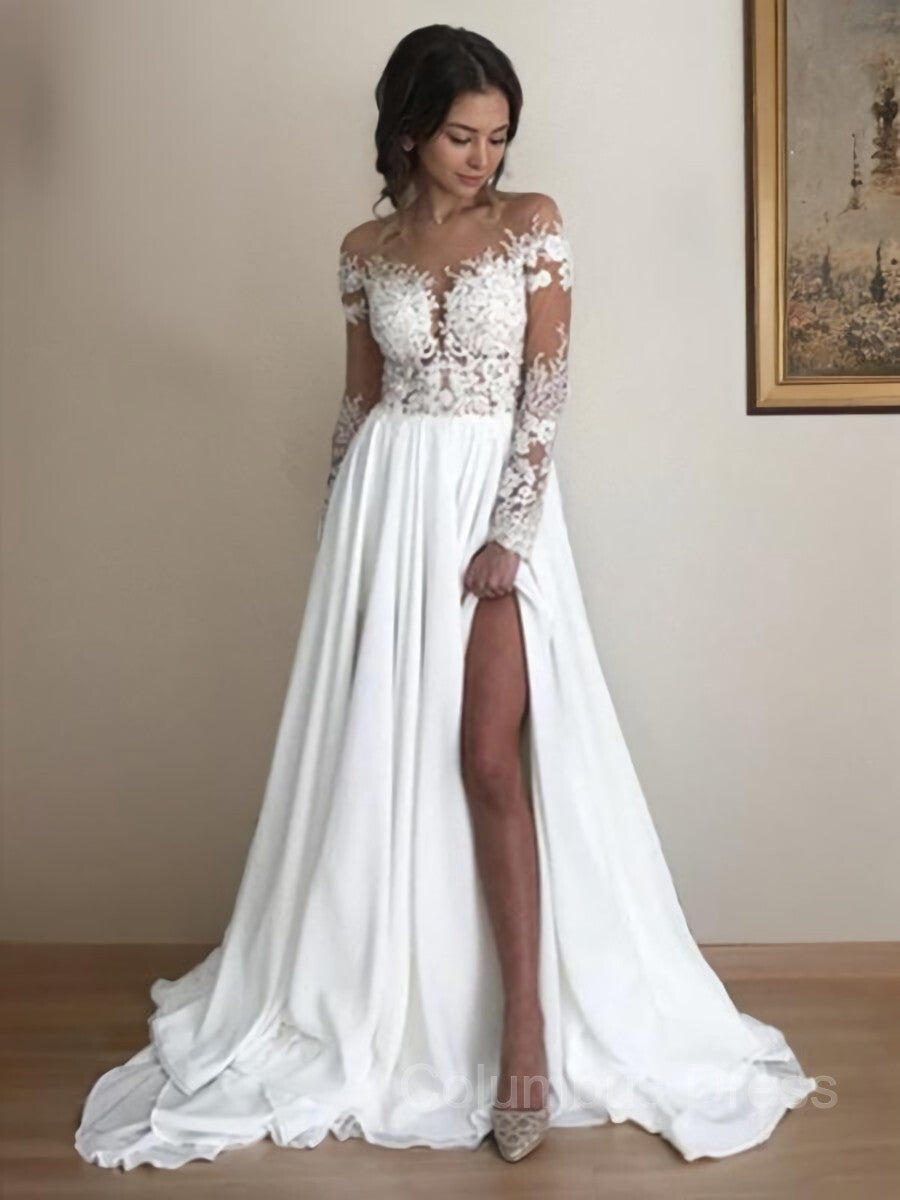 A-Line/Princess Scoop Sweep Train Chiffon Corset Wedding Dresses With Leg Slit outfit, Wedding Dress Fittings