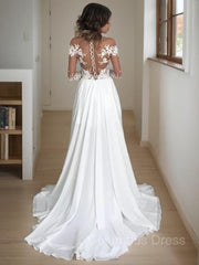 A-Line/Princess Scoop Sweep Train Chiffon Corset Wedding Dresses With Leg Slit outfit, Wedding Dress Fitting