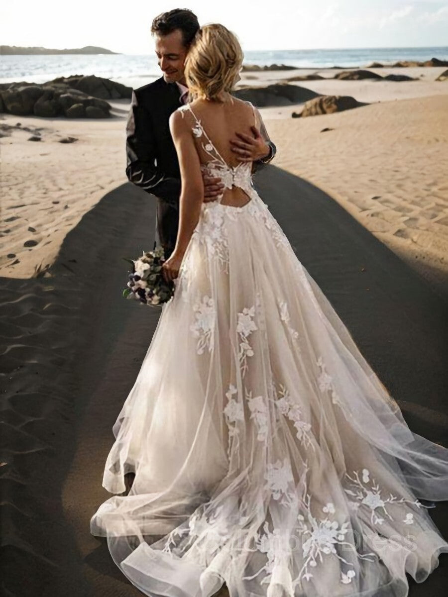 A-Line/Princess Scoop Sweep Train Lace Corset Wedding Dresses With Appliques Lace outfit, Wedding Dresses Lace Romantic
