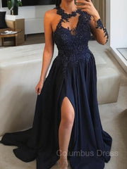 A-Line/Princess Scoop Sweep Train Satin Corset Prom Dresses With Leg Slit outfit, Formal Dresses Outfits