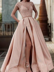 A-Line/Princess Scoop Sweep Train Satin Corset Prom Dresses With Pockets Gowns, Party Dresses Express